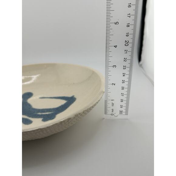 Vintage Hand Made Ceramic Slab Formed Bowl w/ 6 Naplin Rings 1998 Blue Cream - Picture 9 of 10